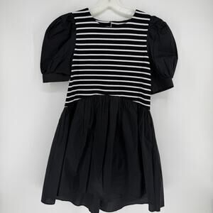 The English Factory High Low Knit Combo Dress Puff Sleeve Black White Small